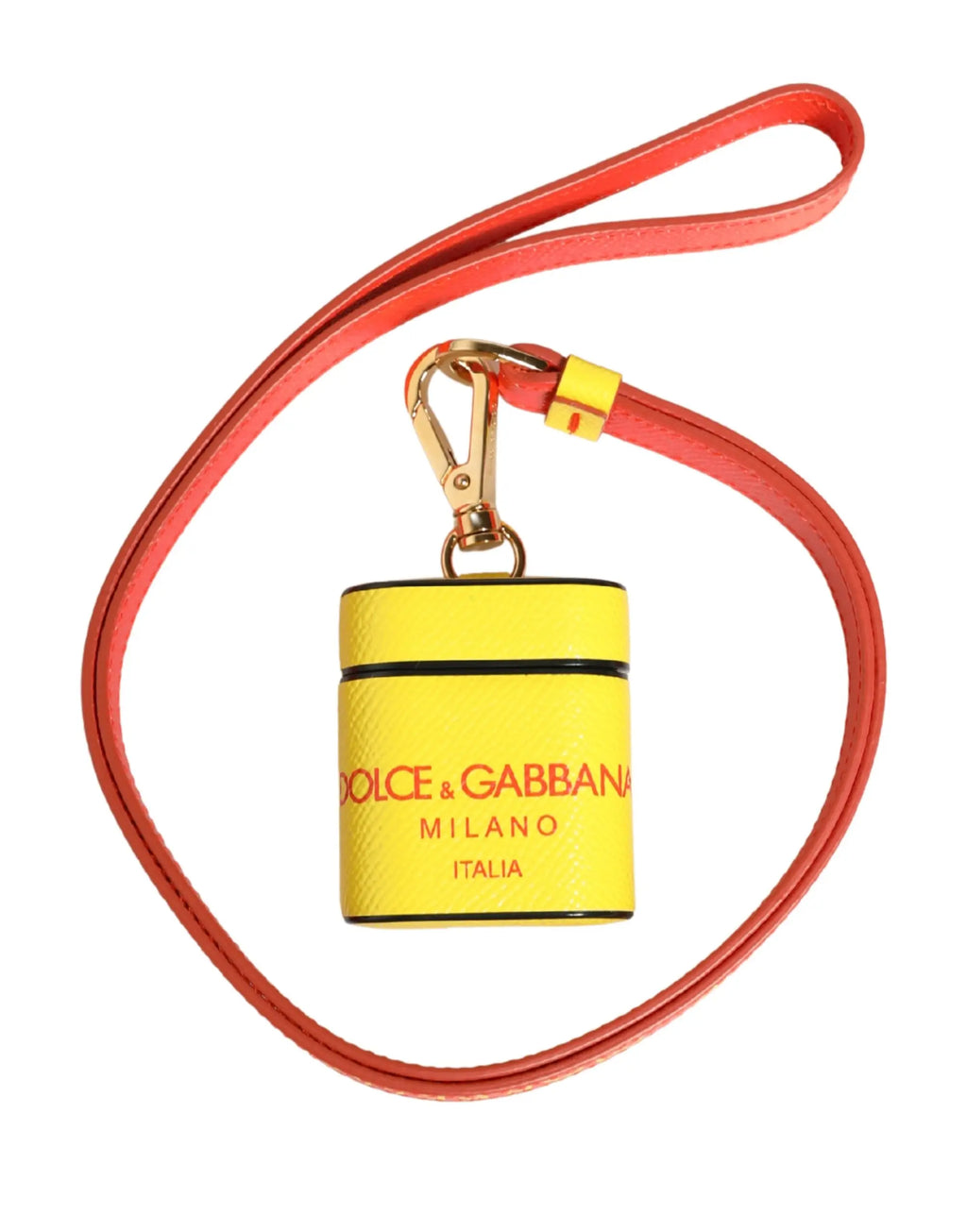 Pochette cylindrique jaune dolce & gabbana en cuir de veau avec logo rouge noir et métal doré pour airpods