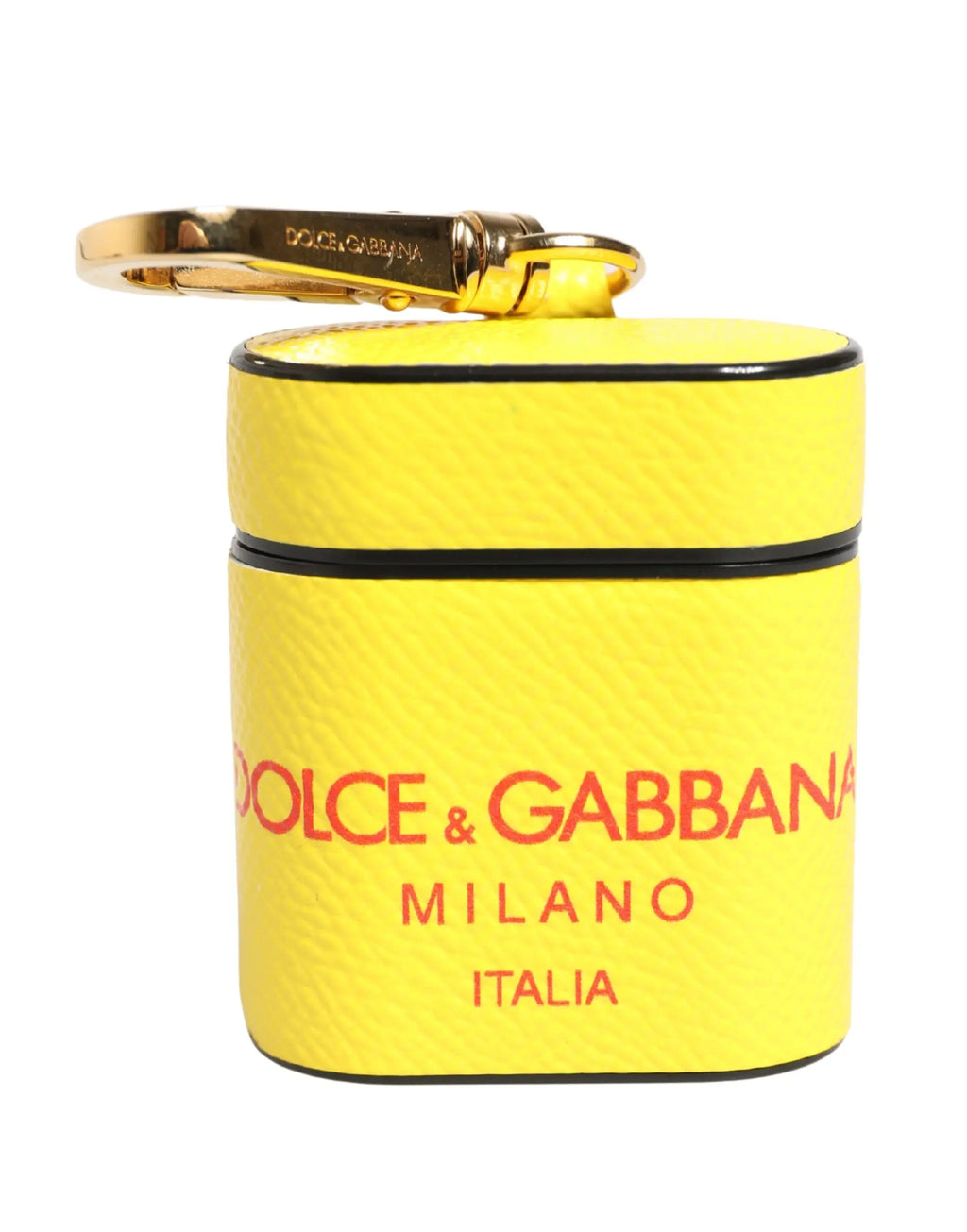 Étui airpods dolce & gabbana en cuir jaune avec logo rouge et fermeture métal doré en forme cylindrique