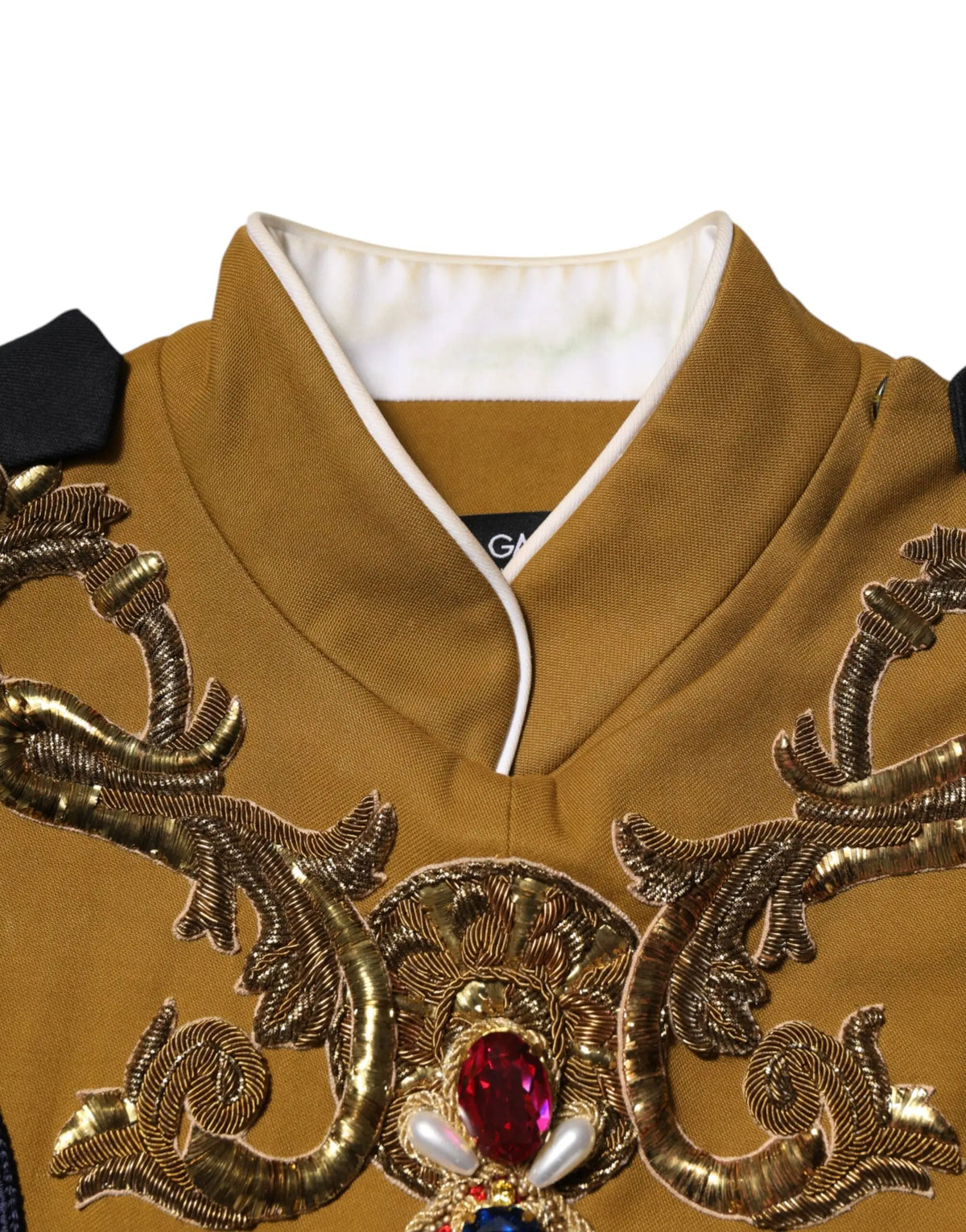 Dolce & Gabbana yellow crystal cross vest jacket top en robe dorée avec broderie complexe et pierre rouge centrale
