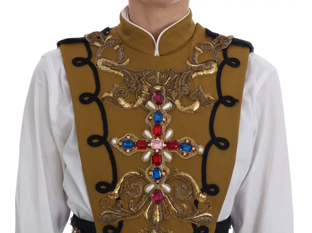 Gilet dolce & gabbana jaune orné de broderies et dune croix centrale en cristaux rouges et bleus