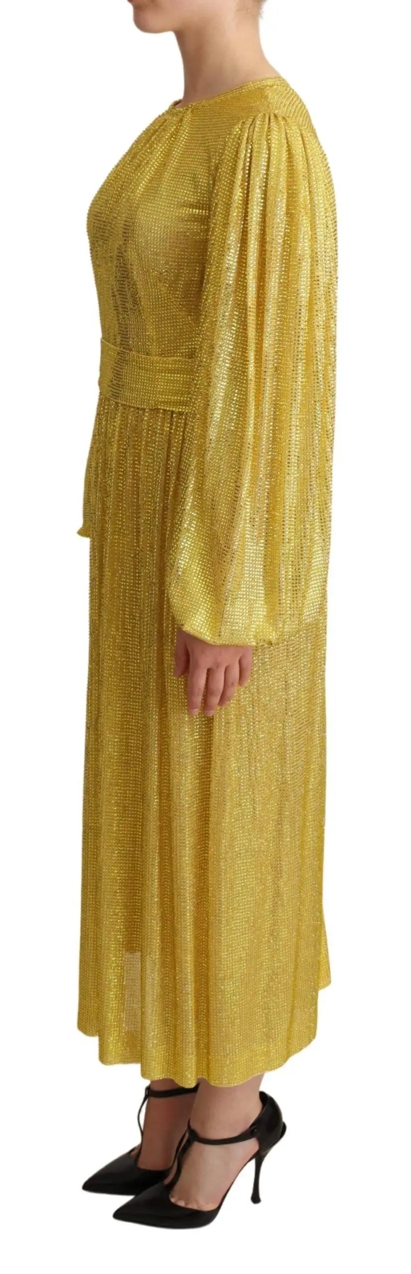 Robe midi plissée en mesh cristal jaune doré avec manches longues bouffantes et taille cintrée dolce gabbana