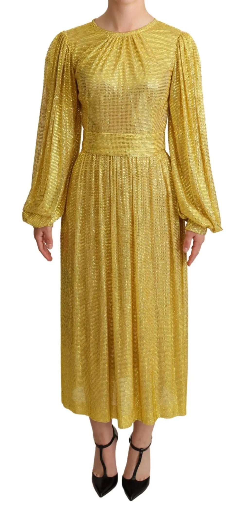 Robe midi à sequins or scintillants avec manches bouffantes et taille cintrée dolce & gabbana