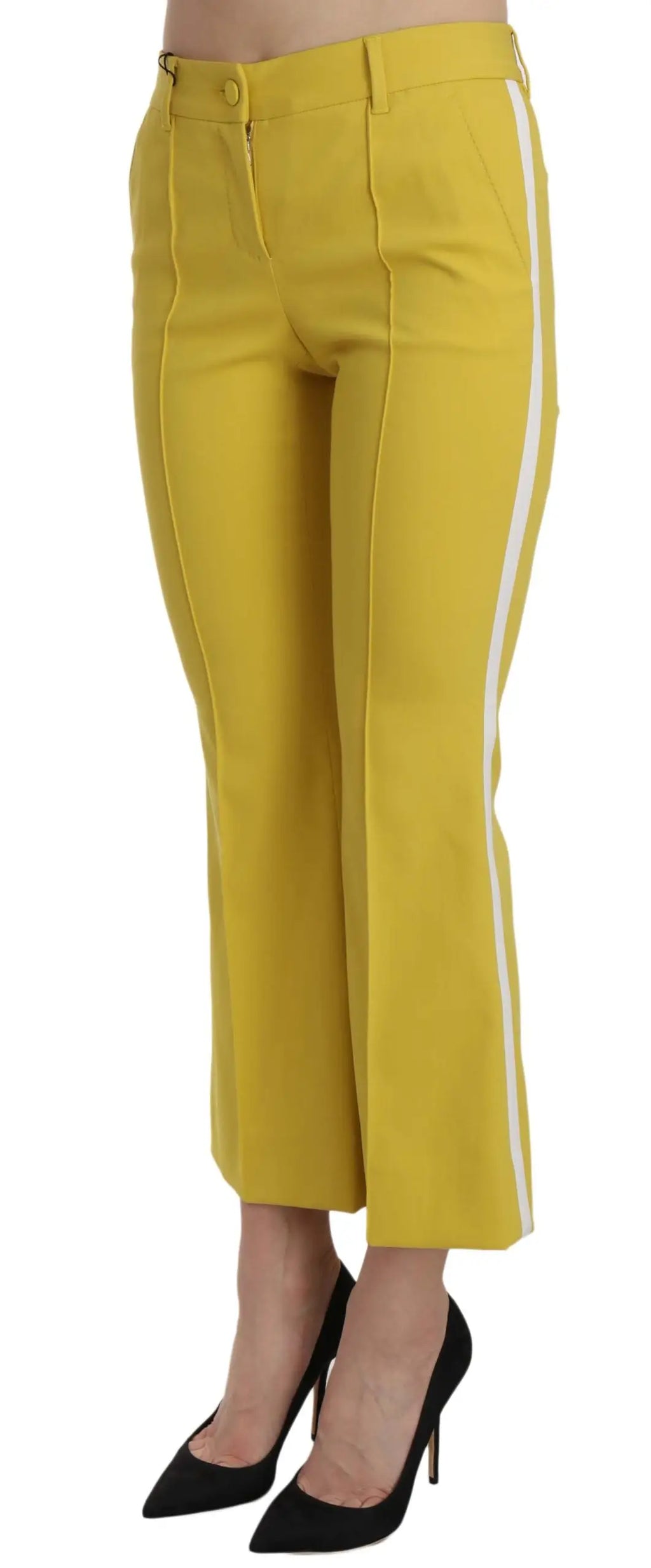 Pantalon capri en coton dolce gabbana jaune avec coupe flare et bandes blanches sur les côtés
