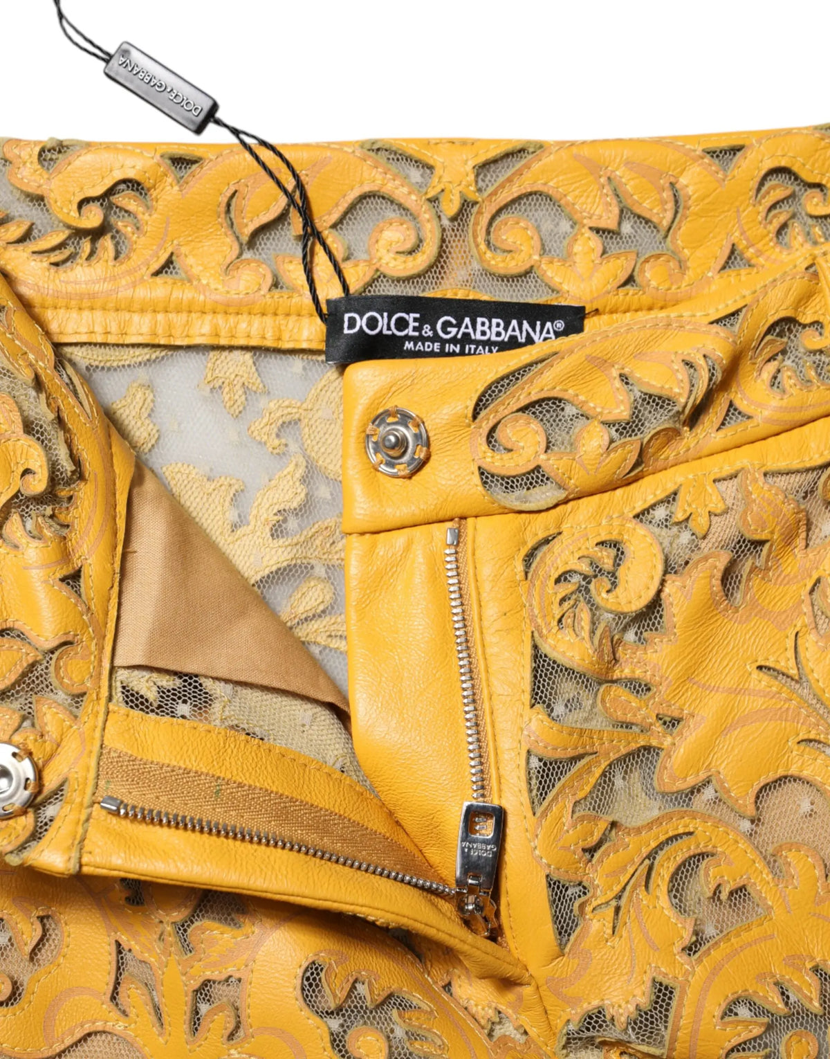 Pantalon capri mi taille jaune dolce gabbana en cuir avec broderie florale dorée et doublure en mesh