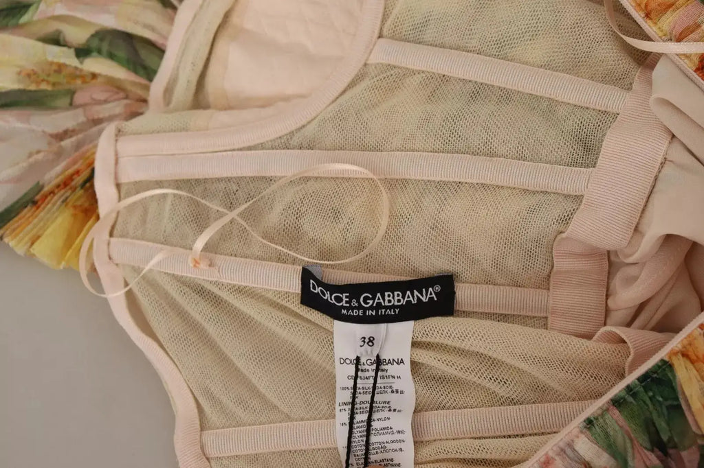 Corset beige en mesh avec tissu floral et bretelles élastiques marqué dolce & gabbana pour robe maxi plissée jaune