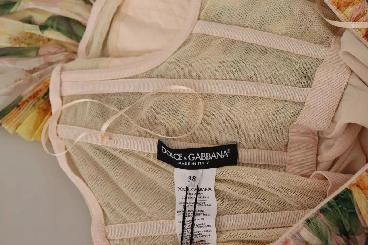 Corset beige en mesh avec tissu floral et bretelles élastiques marqué dolce & gabbana pour robe maxi plissée jaune