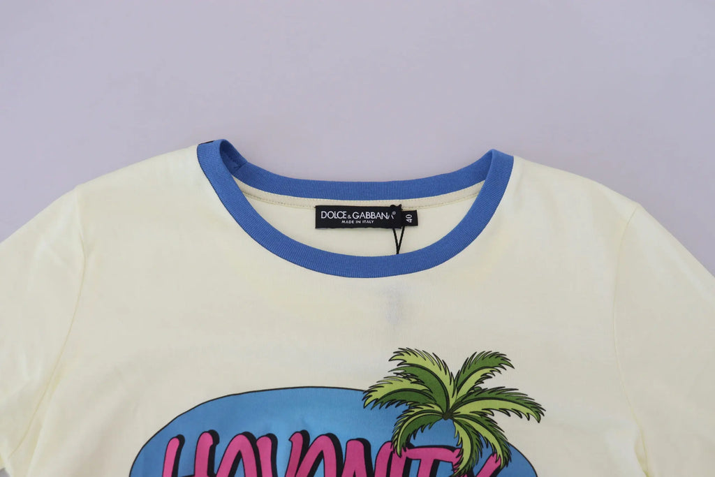 T-shirt dolce & gabbana jaune havanity en coton crème avec col côtelé bleu et graphisme tropical coloré