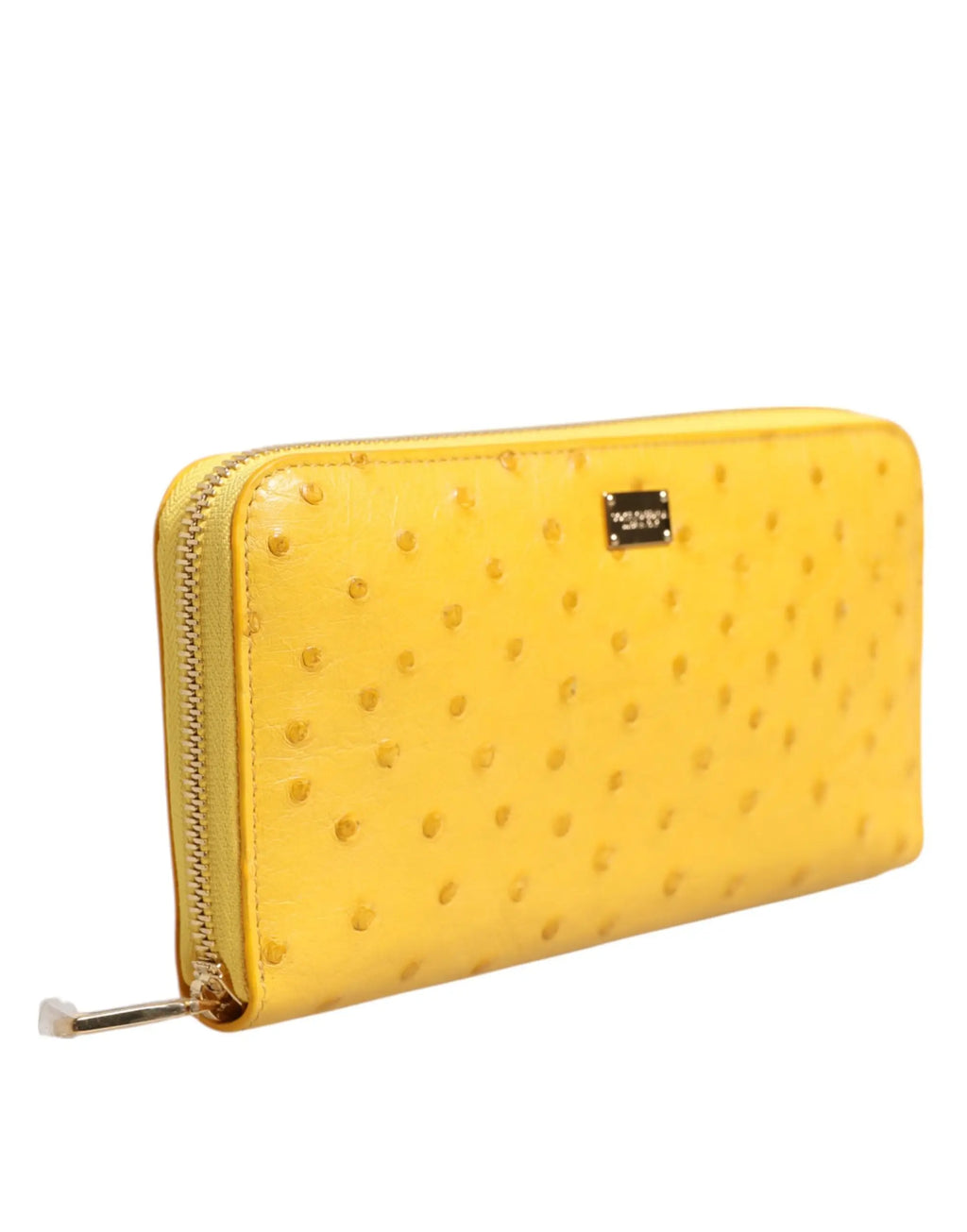 Portefeuille continental zippé dolce & gabbana en cuir d’autruche jaune vif avec fermeture éclair dorée et plaque logo