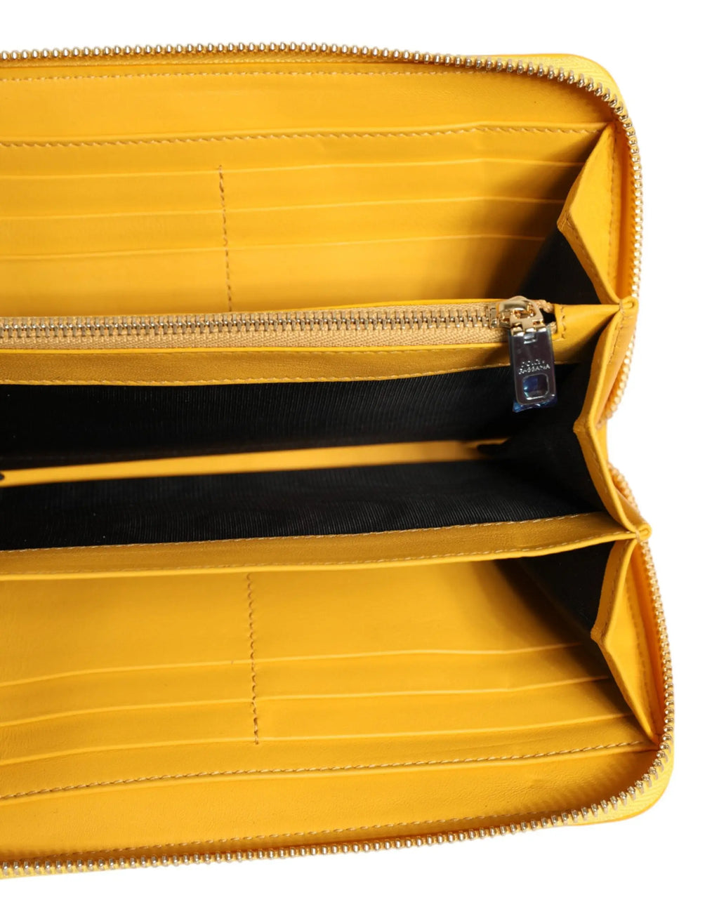 Dolce & gabbana jaune portefeuille continental en cuir avec fermeture éclair dorée et intérieur noir en cuir