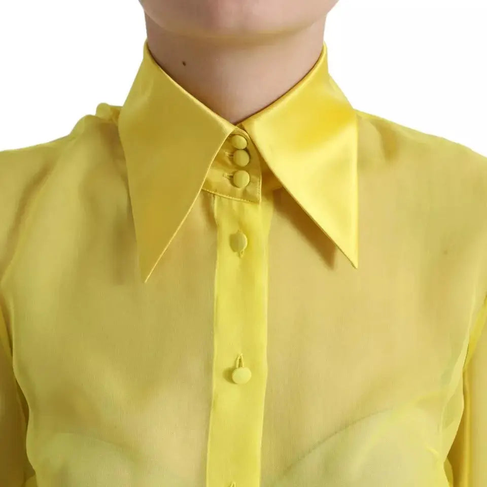 Blouse dolce & gabbana jaune en satin avec col pointu et boutons assortis manches longues