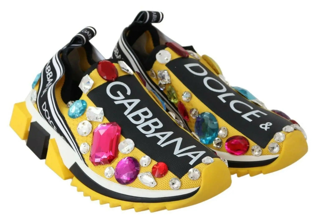 Baskets dolce & gabbana jaunes ornées de cristaux multicolores et d’un logo noir audacieux