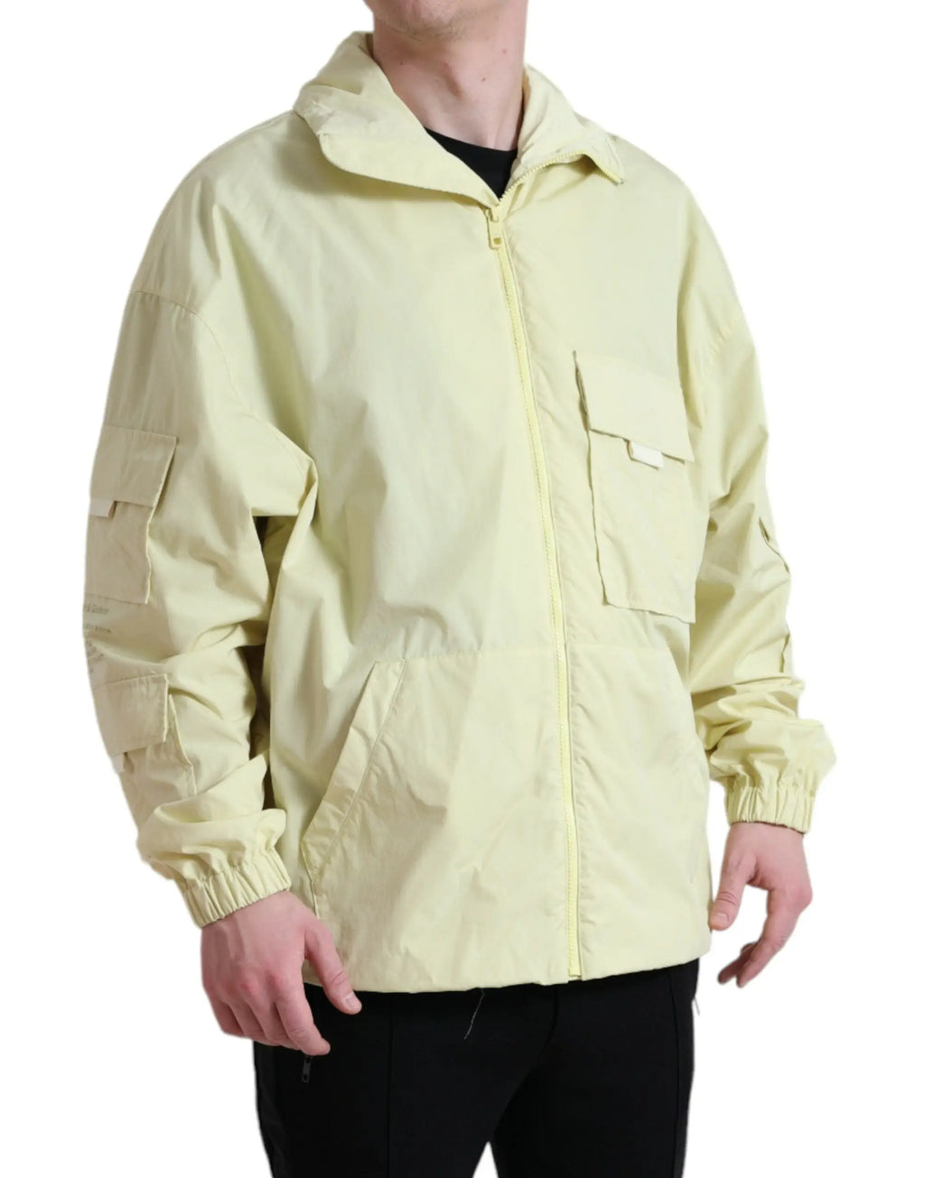 Veste parka dolce & gabbana jaune en nylon léger avec capuche, fermeture zippée intégrale et poches utilitaires multiples
