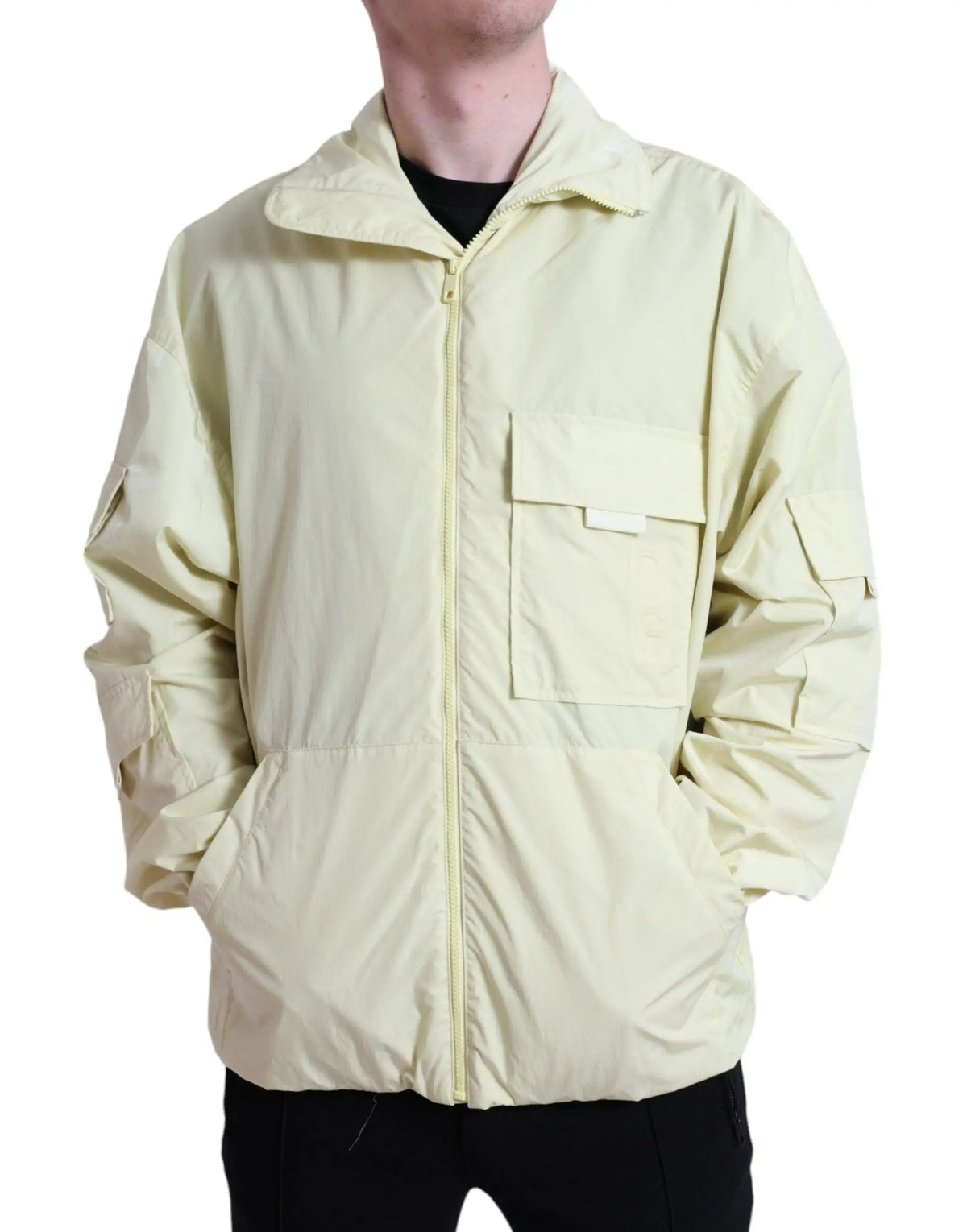 Parka dolce & gabbana jaune pâle en nylon léger à col montant avec fermeture éclair et poches multiples