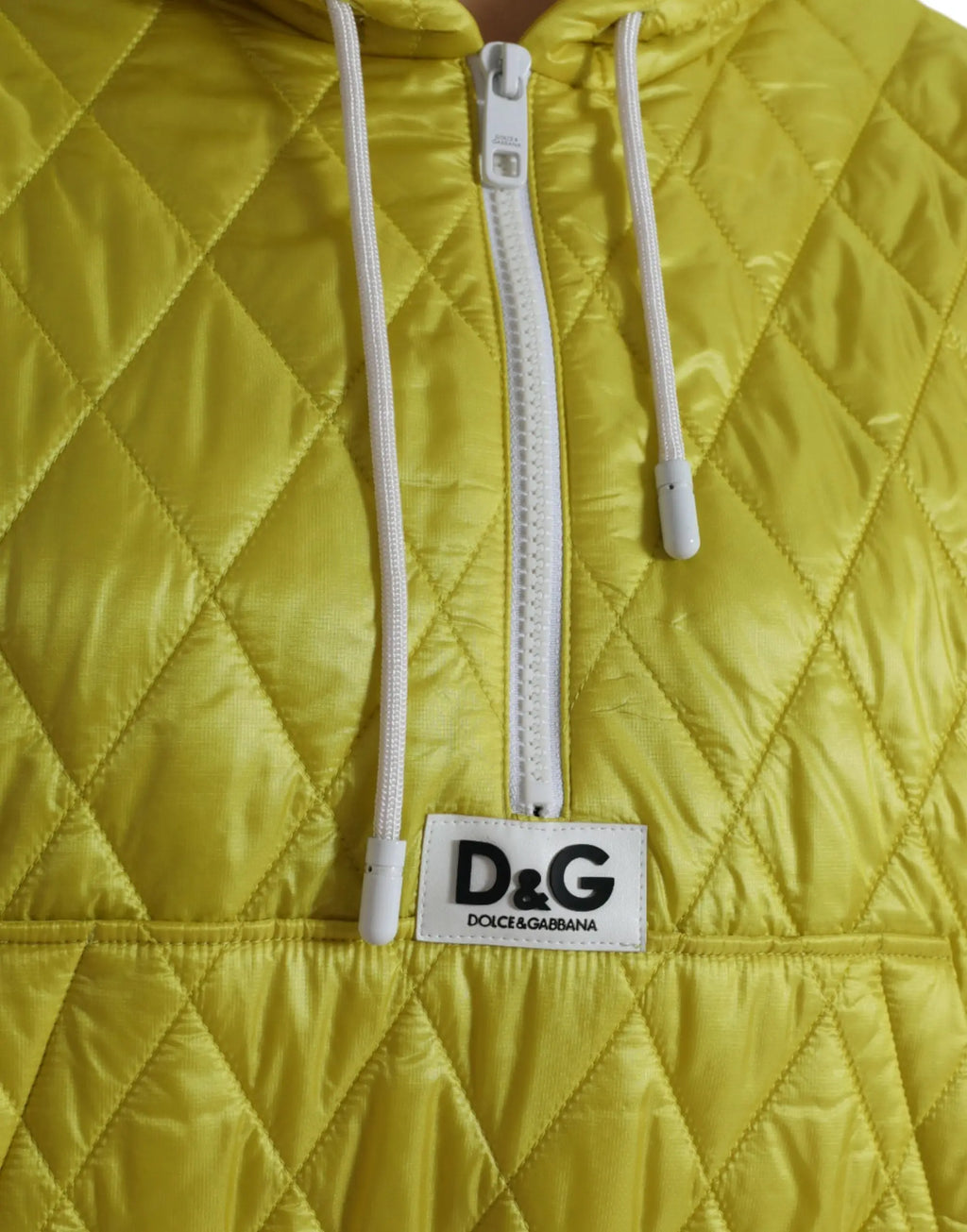 Veste dolce gabbana jaune en nylon matelassé avec capuche fermeture éclair blanche et cordons de serrage