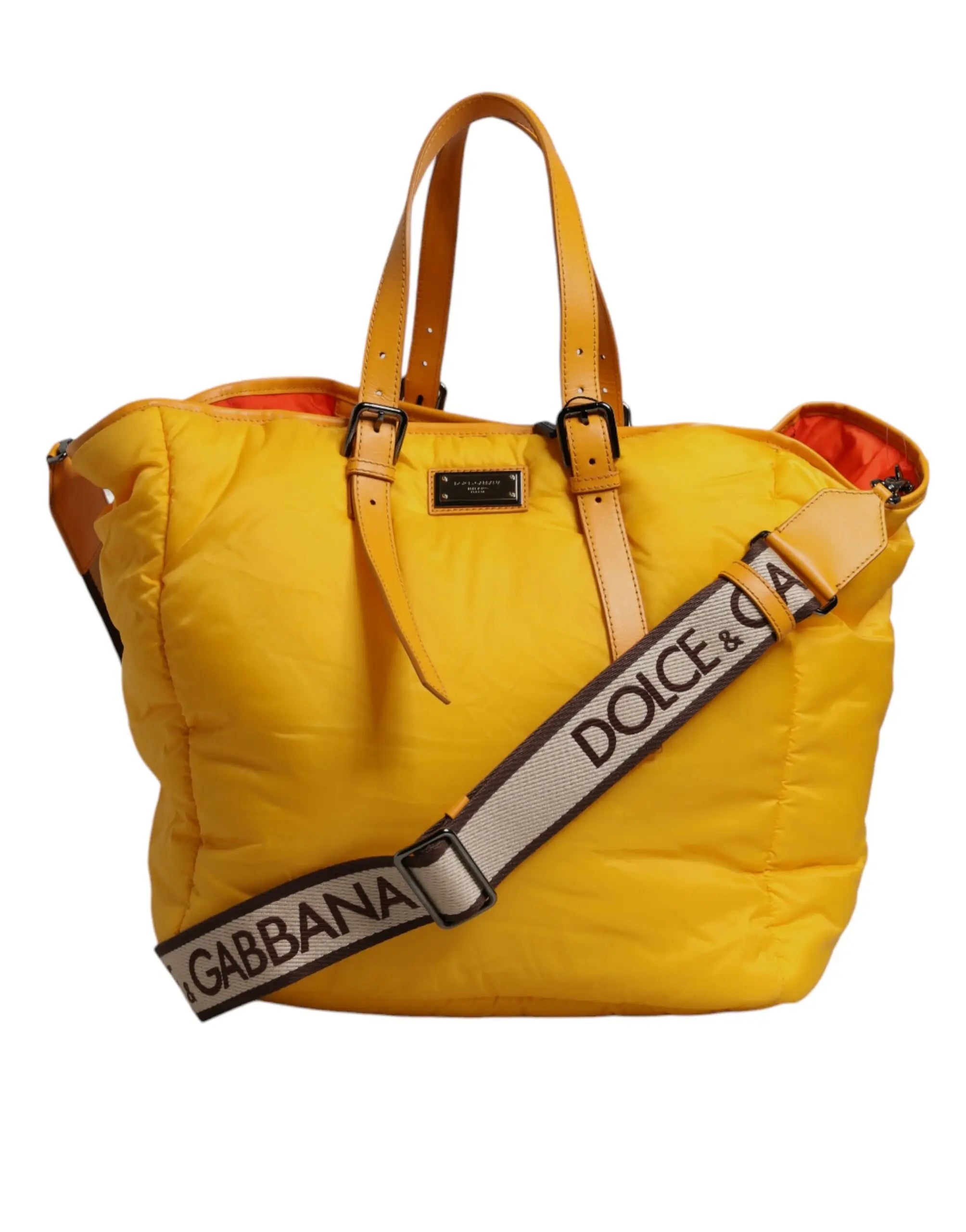 Dolce & Gabbana sac fourre-tout matelassé jaune vif en nylon avec poignées en cuir marron et bandoulière noire et blanche