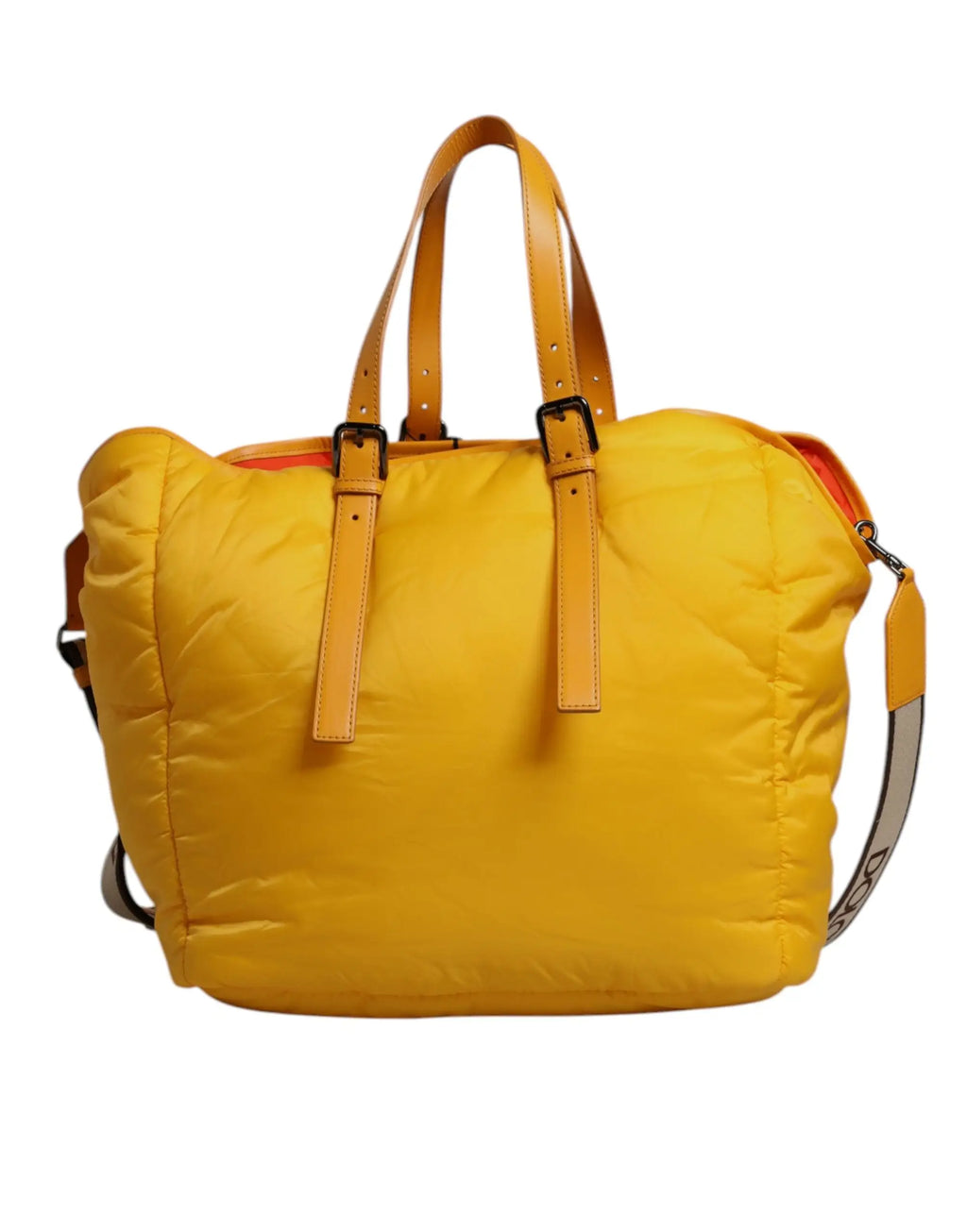 Dolce & gabbana sac fourre-tout jaune puffer en nylon avec anses en cuir marron et doublure intérieure orange