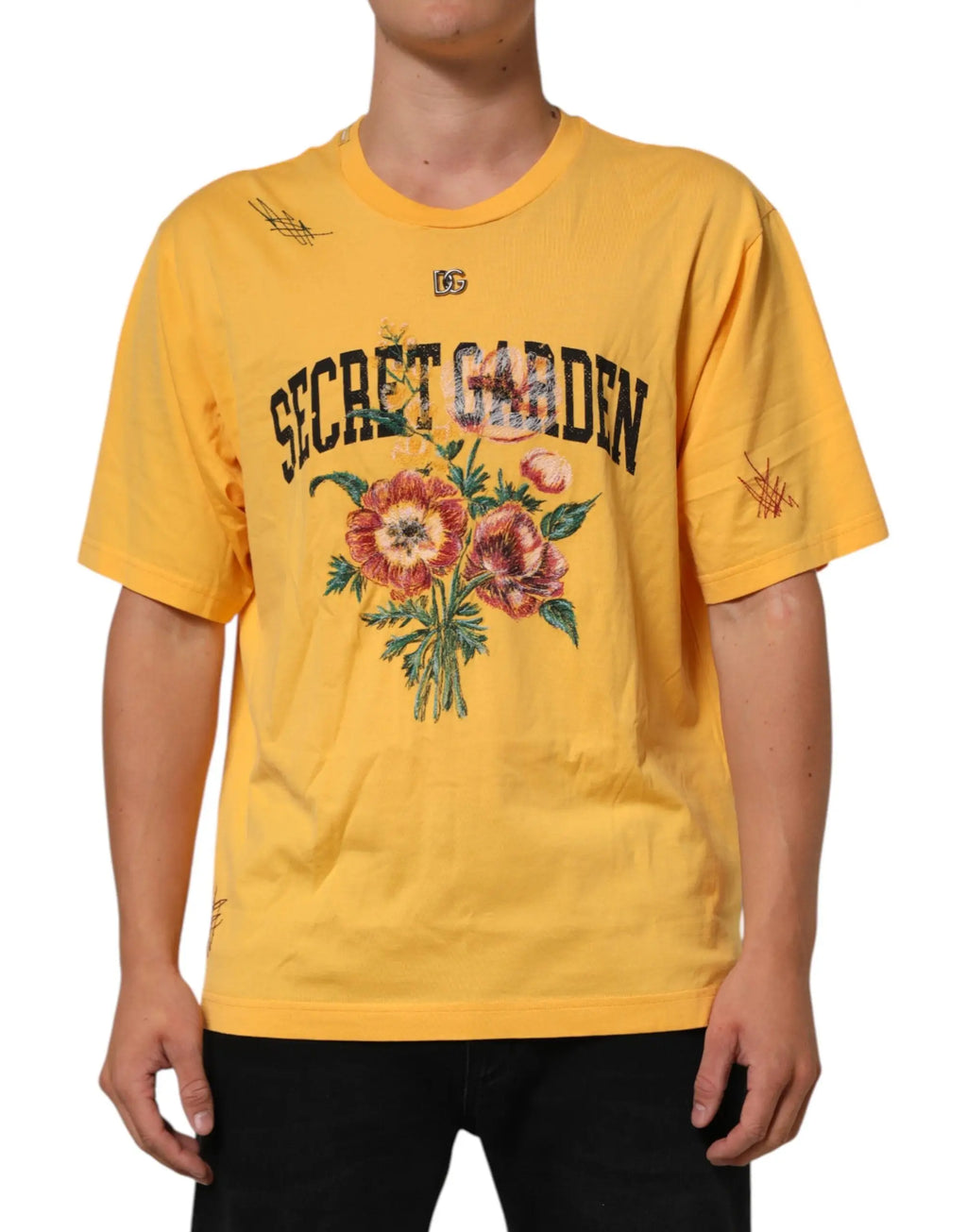 T-shirt dolce & gabbana jaune en coton à manches courtes avec graphisme floral secret garden rouge et rose