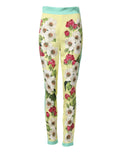 Leggings dolce & gabbana en soie jaune avec motif floral vert citron, roses blanches et roses, taille et poignets menthe