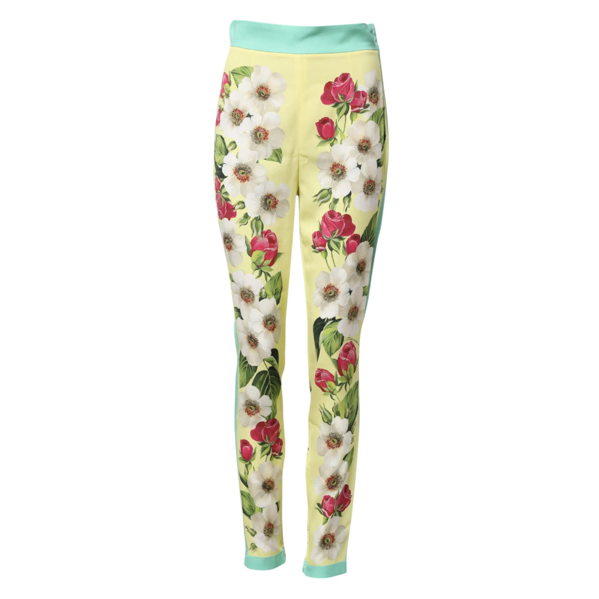 Leggings dolce et gabbana en soie jaune avec fleurs blanches et roses sur fond vert lime et taille mint