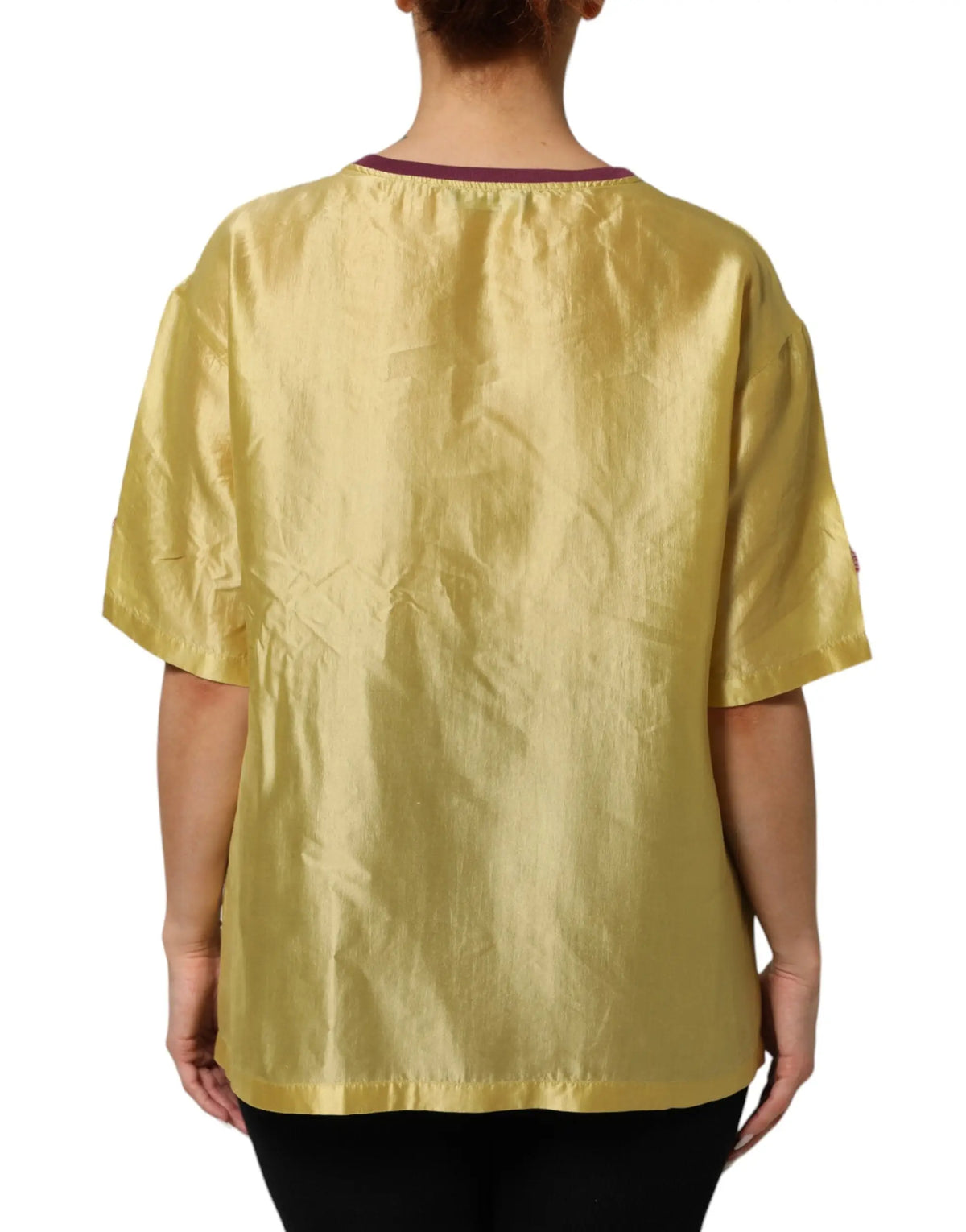 Dolce & gabbana top en satin de soie jaune avec manches courtes en dentelle florale et bordure bordeaux au col