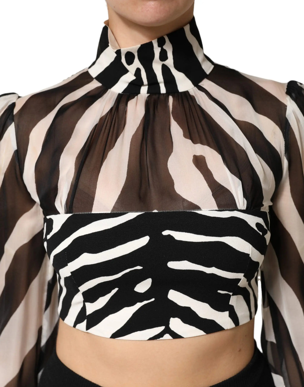 Sheer crop top dolce & gabbana zebra print en chiffon noir et blanc avec col haut et manches bouffantes
