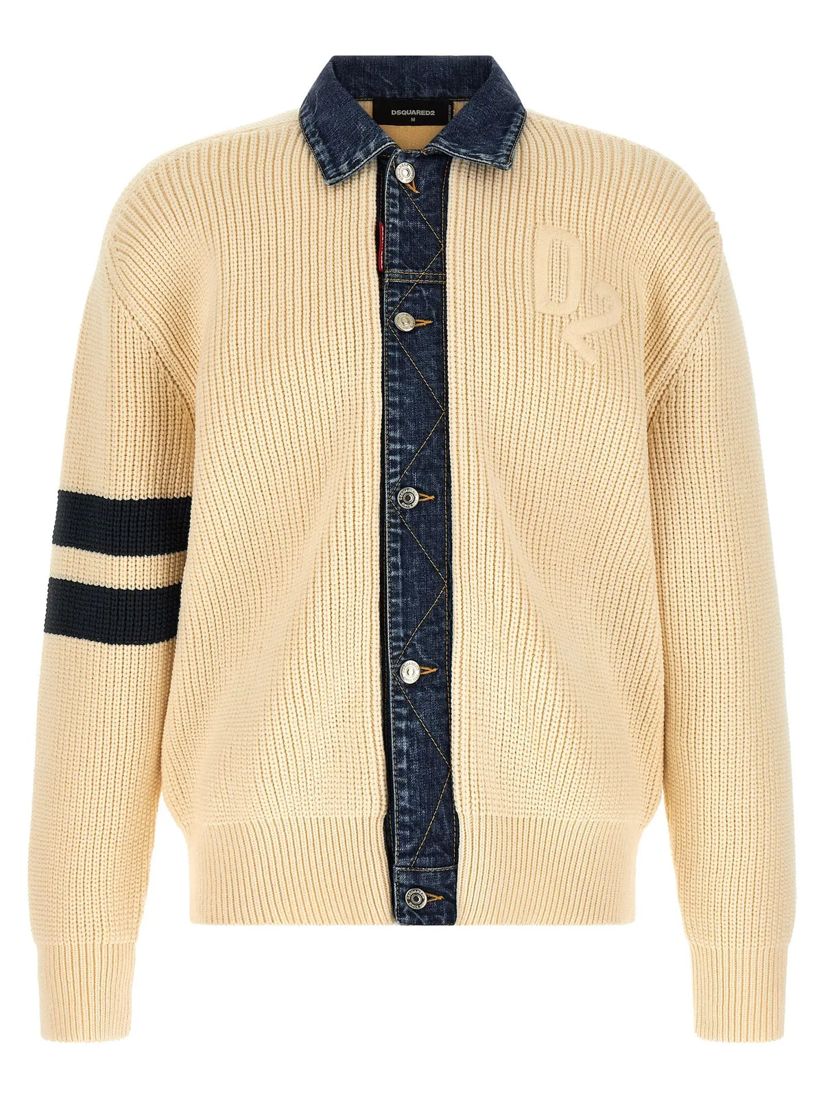 Cardigan dsquared² beige en coton avec col et patte en denim, poignets rayés noirs et logo brodé subtil au chest