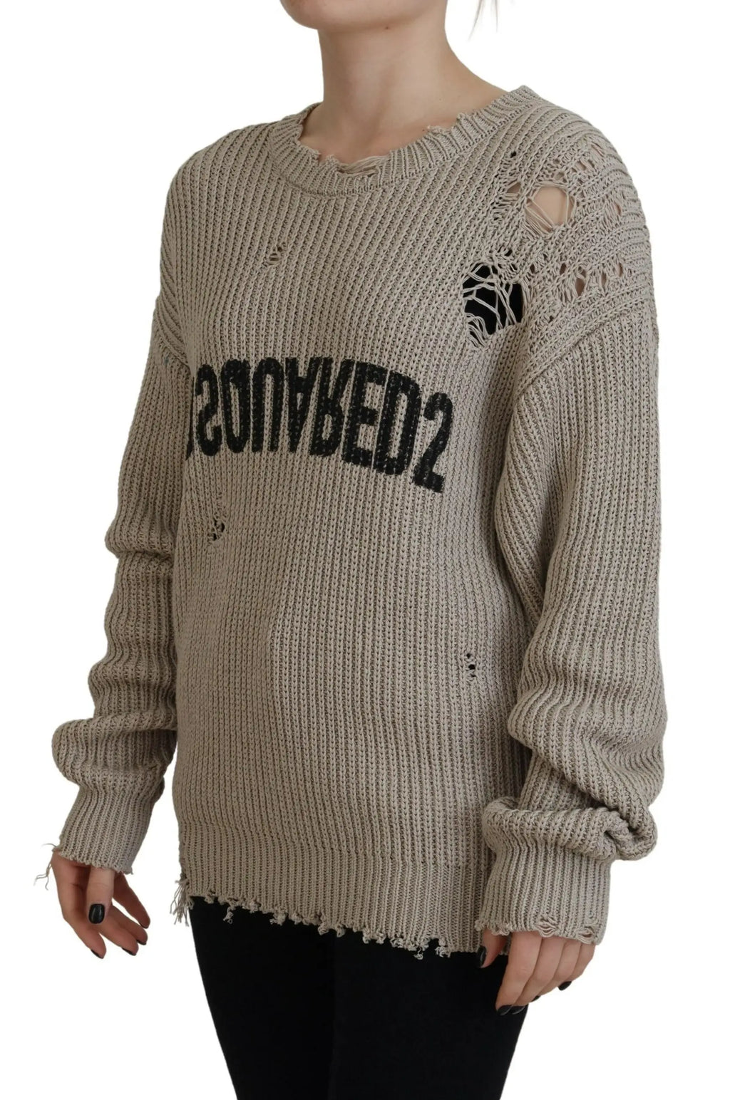 Pull beige en coton dsquared² à col rond avec détails déchirés et logo noir sur la poitrine