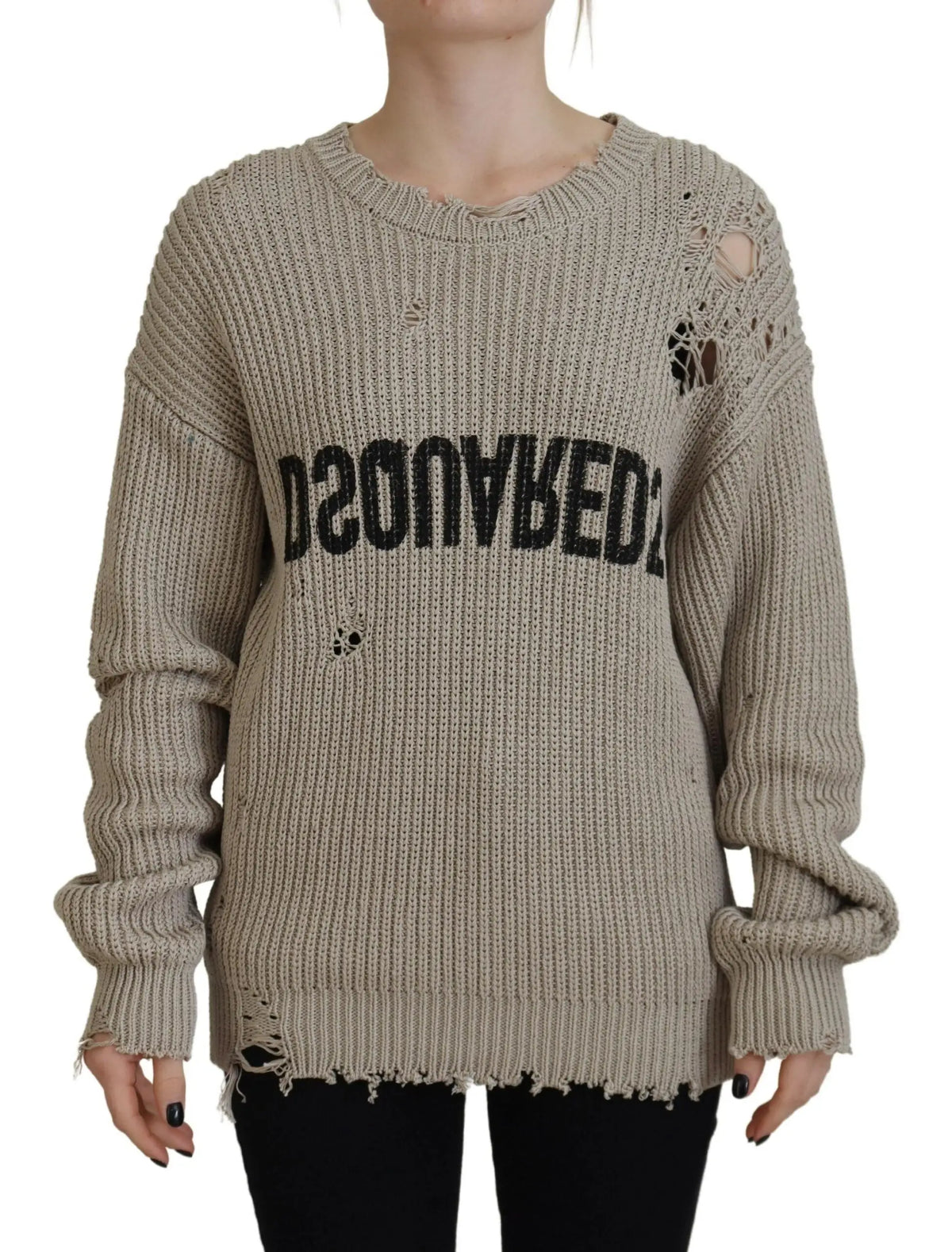 Pull beige en coton tricoté dsquared² avec détails déchirés et lettrage noir audacieux sur la poitrine