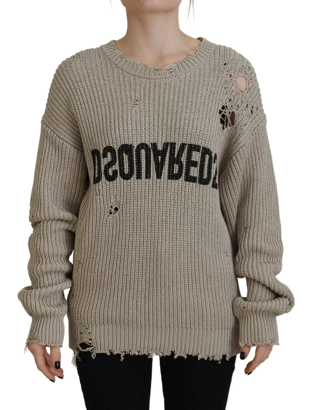 Pull beige en coton tricoté dsquared2 avec détails déchirés et logo noir audacieux sur la poitrine