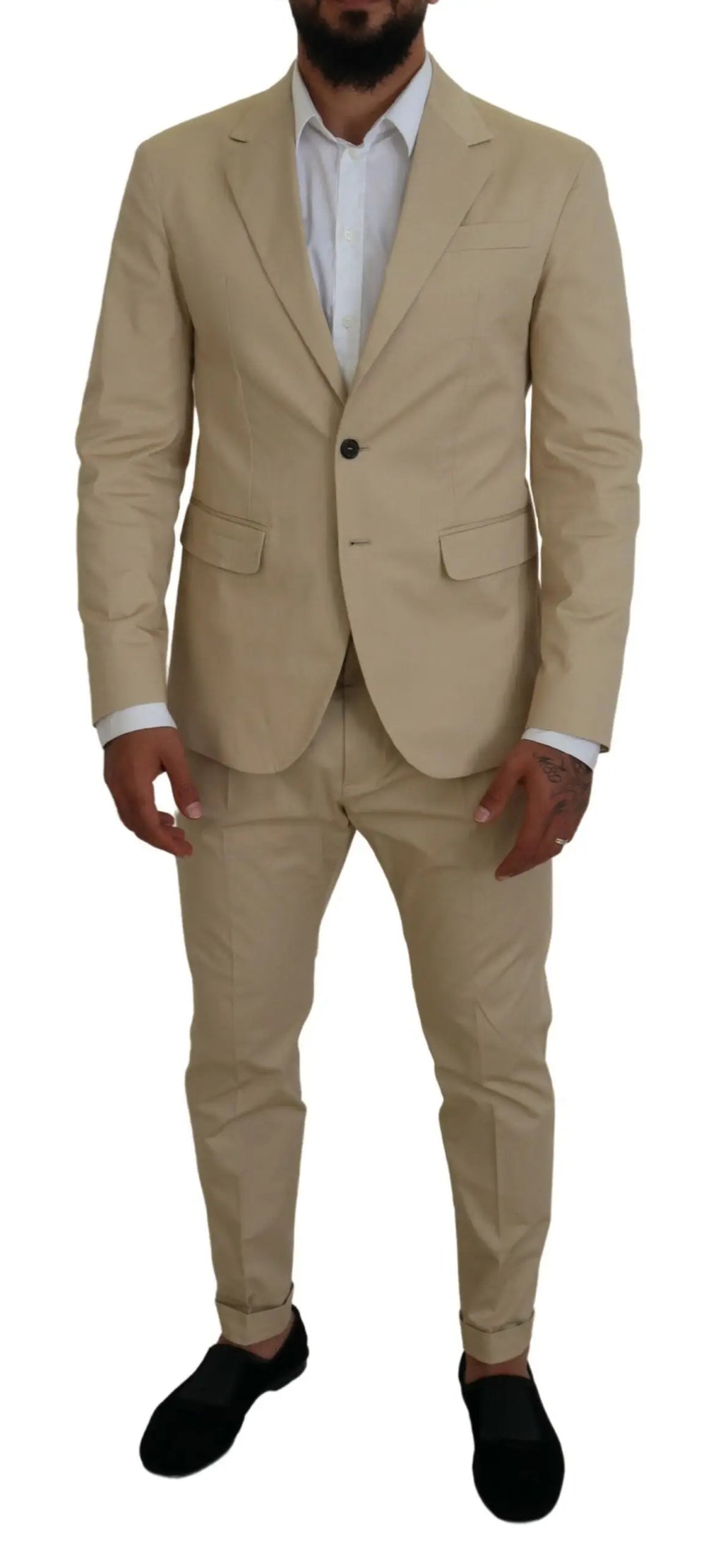 Costume deux pièces beige dsquared² en coton avec veste croisée simple et pantalon assorti aux détails de couture subtils