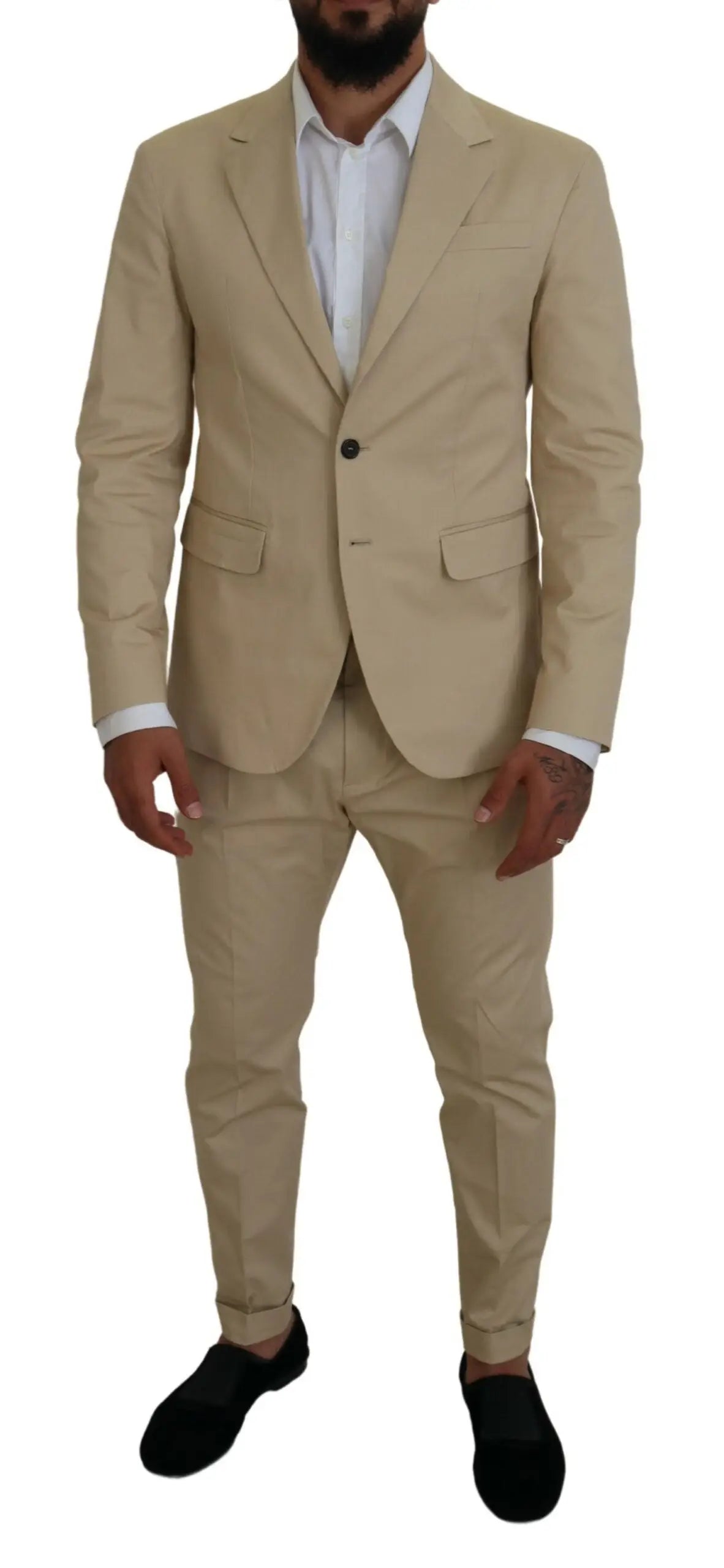 Costume deux pièces beige dsquared² en coton avec veste croisée simple et pantalon assorti aux détails de couture subtils