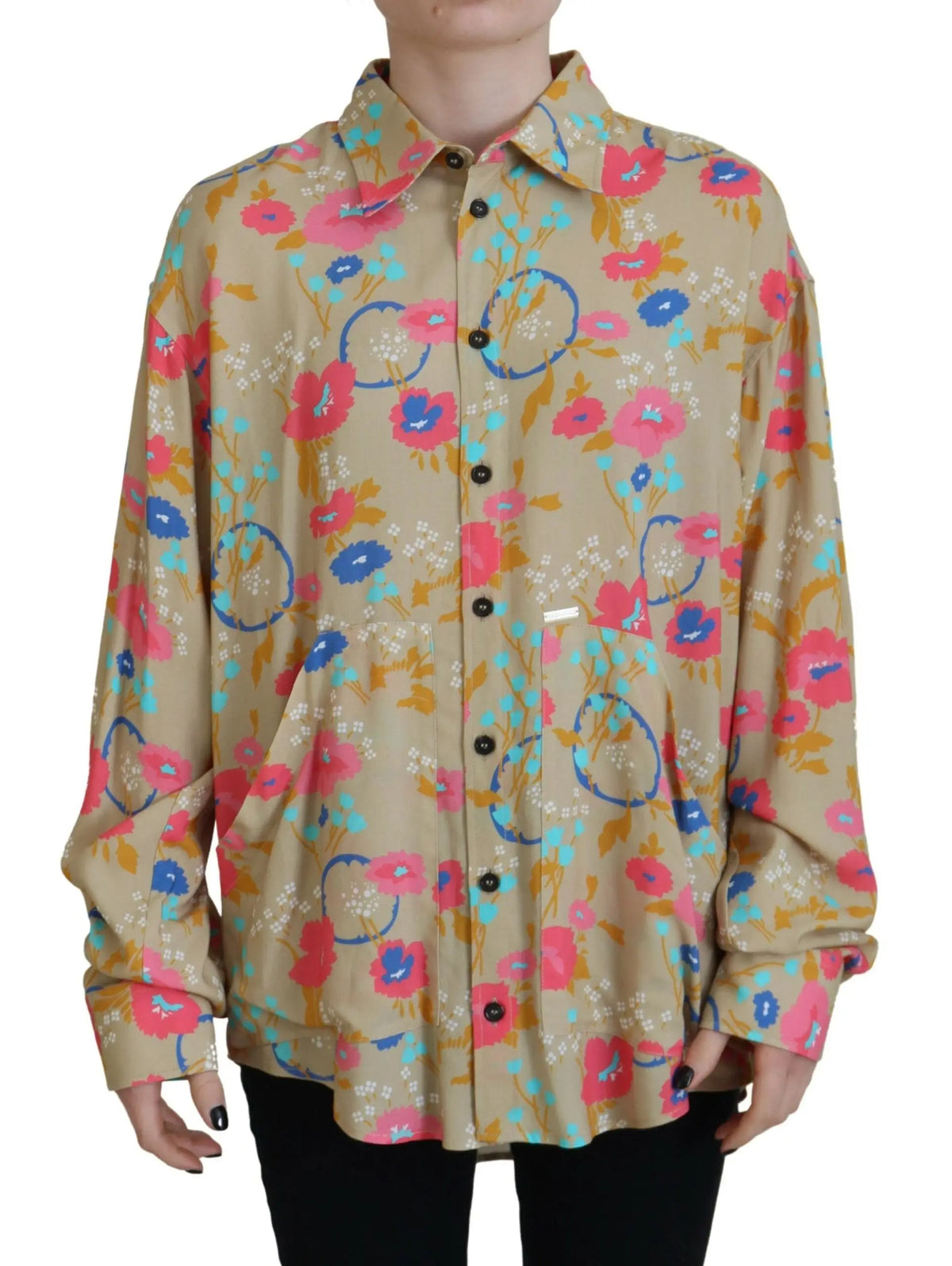 Chemise beige dsquared² à boutons avec fleurs roses, bleues et motifs circulaires, manches longues et col classique