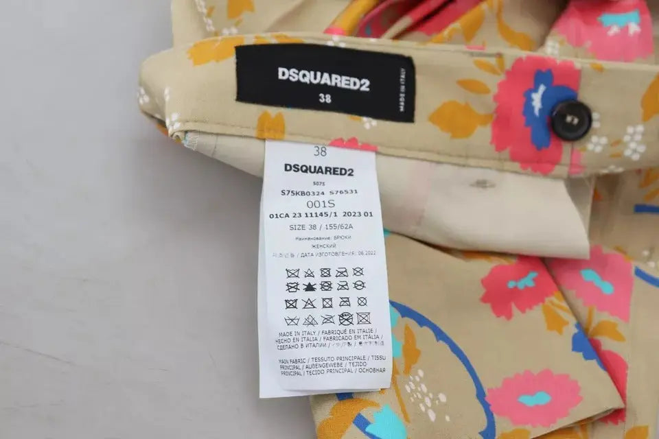 Pantalon droit taille haute beige dsquared² pour femme avec motif floral coloré rose jaune et bleu