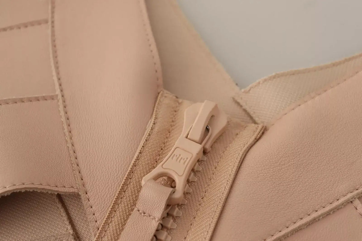 Fermeture éclair en cuir beige avec couture assortie et logo embossé sur la robe mini moulante dsquared² ouverte aux épaules