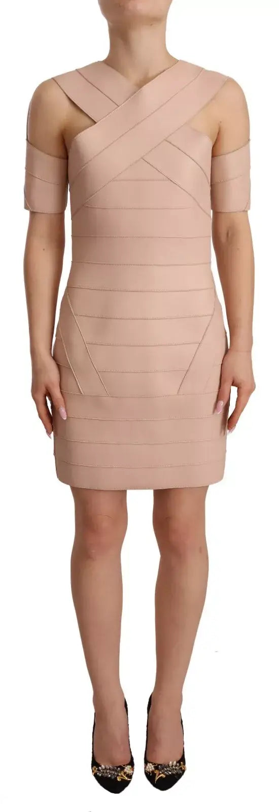 Robe mini ajustée en cuir beige dsquared² avec épaules ouvertes et manches courtes géométriques rose pâle