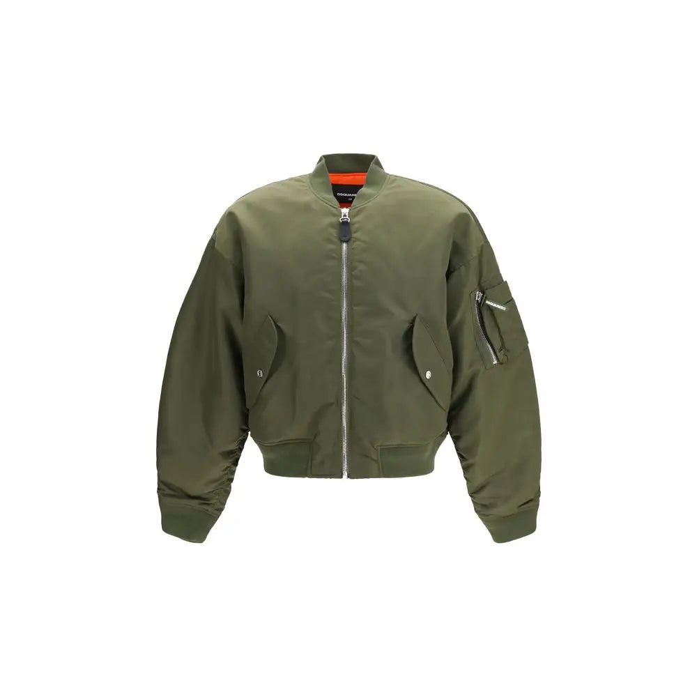 Olive green dsquared² bicolor nylon bomber jacket with orange lining and silver zipper details