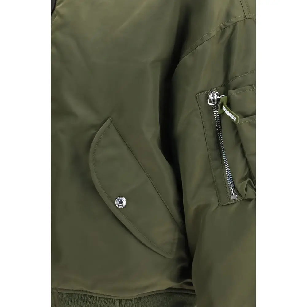 Veste bomber bicolor dsquared² en nylon olive avec fermeture éclair argentée et détails à boutons-pression