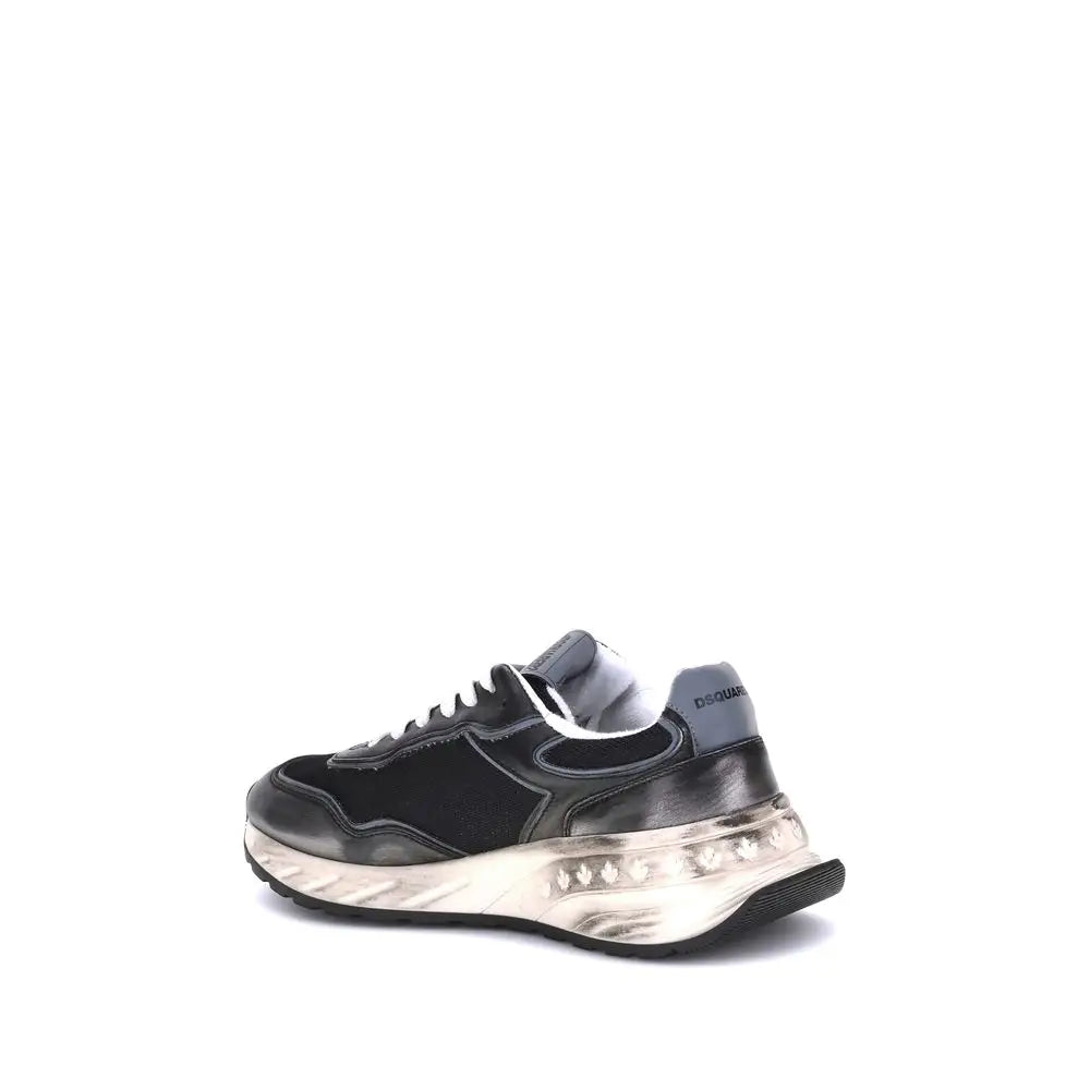 Baskets athlétiques dsquared² bos taurus en cuir de veau noir avec semelle épaisse translucide argentée et accents gris contrastés