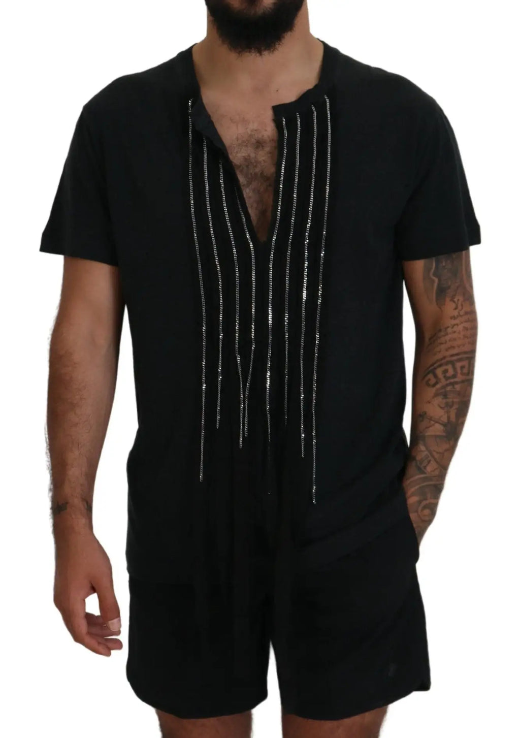 Dsquared² combinaison noire manches courtes en coton avec détails chaîne argentée sur le devant