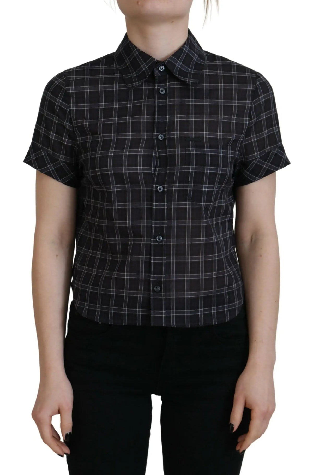 Chemise noire à manches courtes à carreaux blancs et noirs avec col et boutons dsquared²