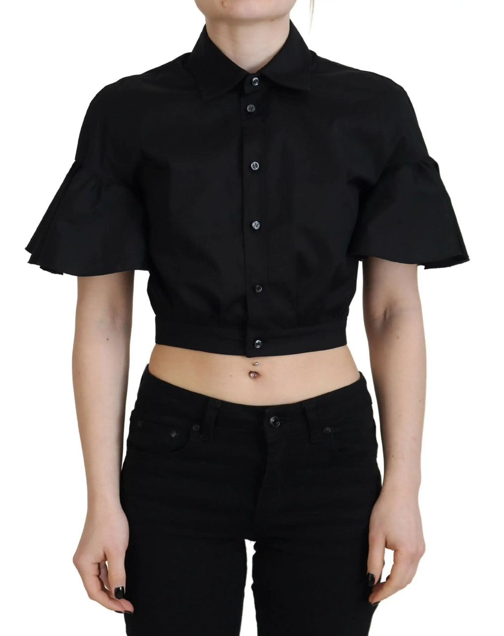 Top court noir dsquared² à col avec boutons et manches courtes à volants en tissu léger