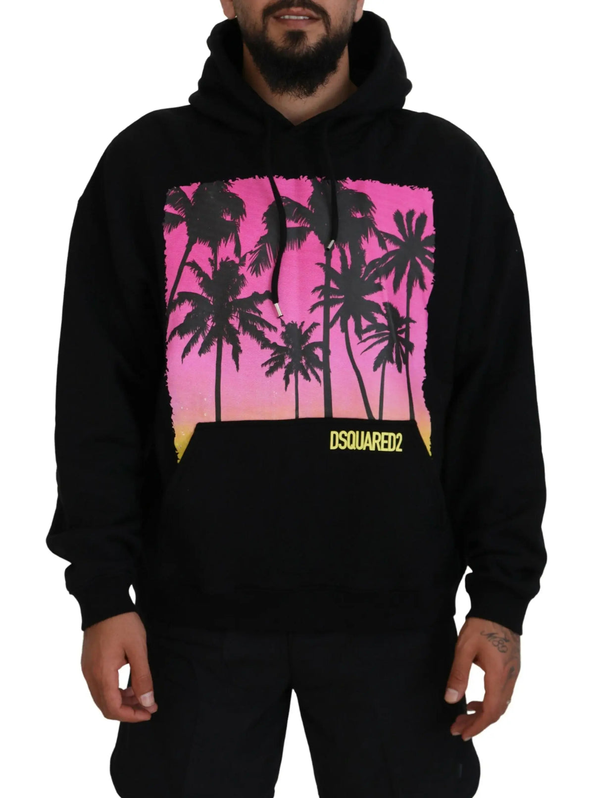 Homme dsquared² pull à capuche noir en coton avec imprimé de palmiers rose et jaune en dégradé vif