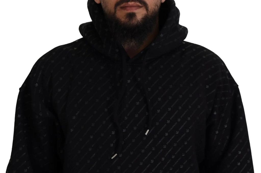 Pull over à capuche pour homme dsquared² noir en coton avec motif géométrique subtil et cordons assortis