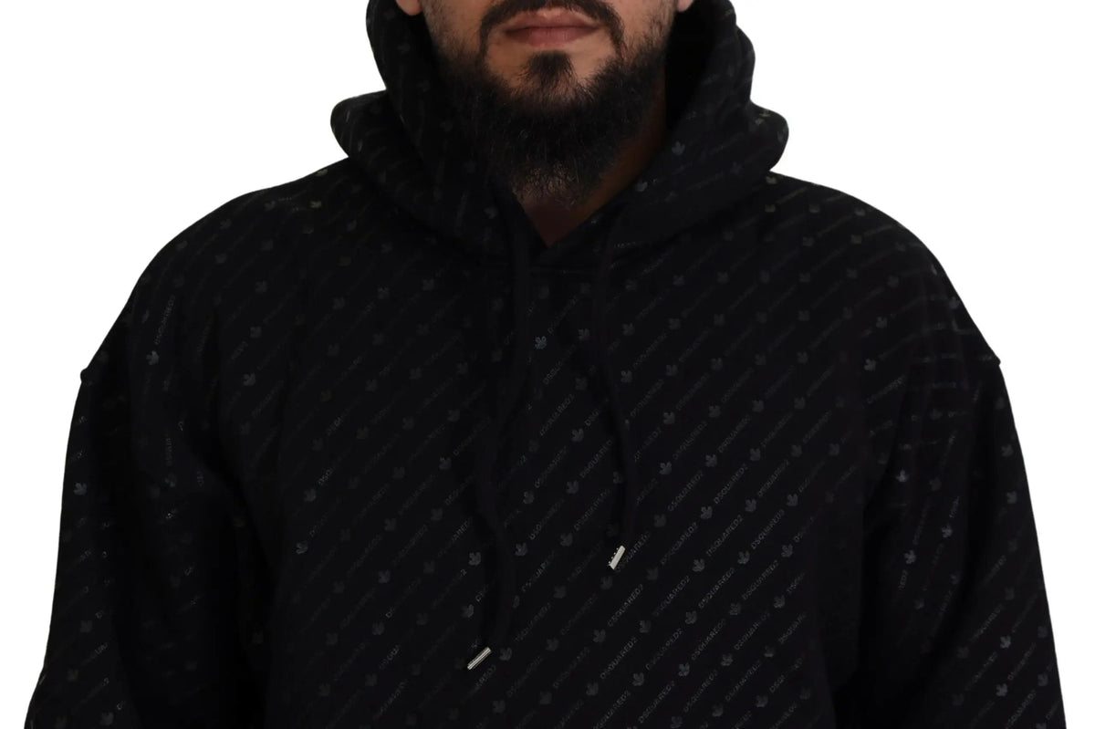 Pull over à capuche pour homme dsquared² noir en coton avec motif géométrique subtil et cordons assortis