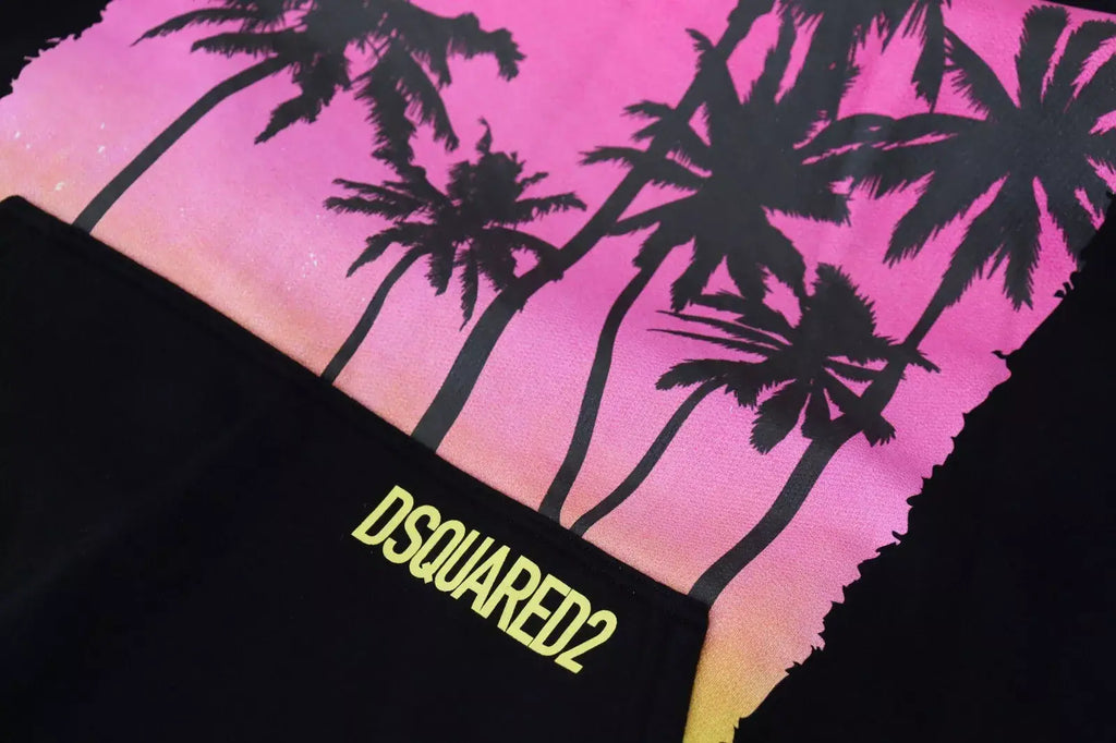 Sweat à capuche pour homme en coton noir dsquared2 avec imprimé palmiers et arrière-plan dégradé rose jaune vif