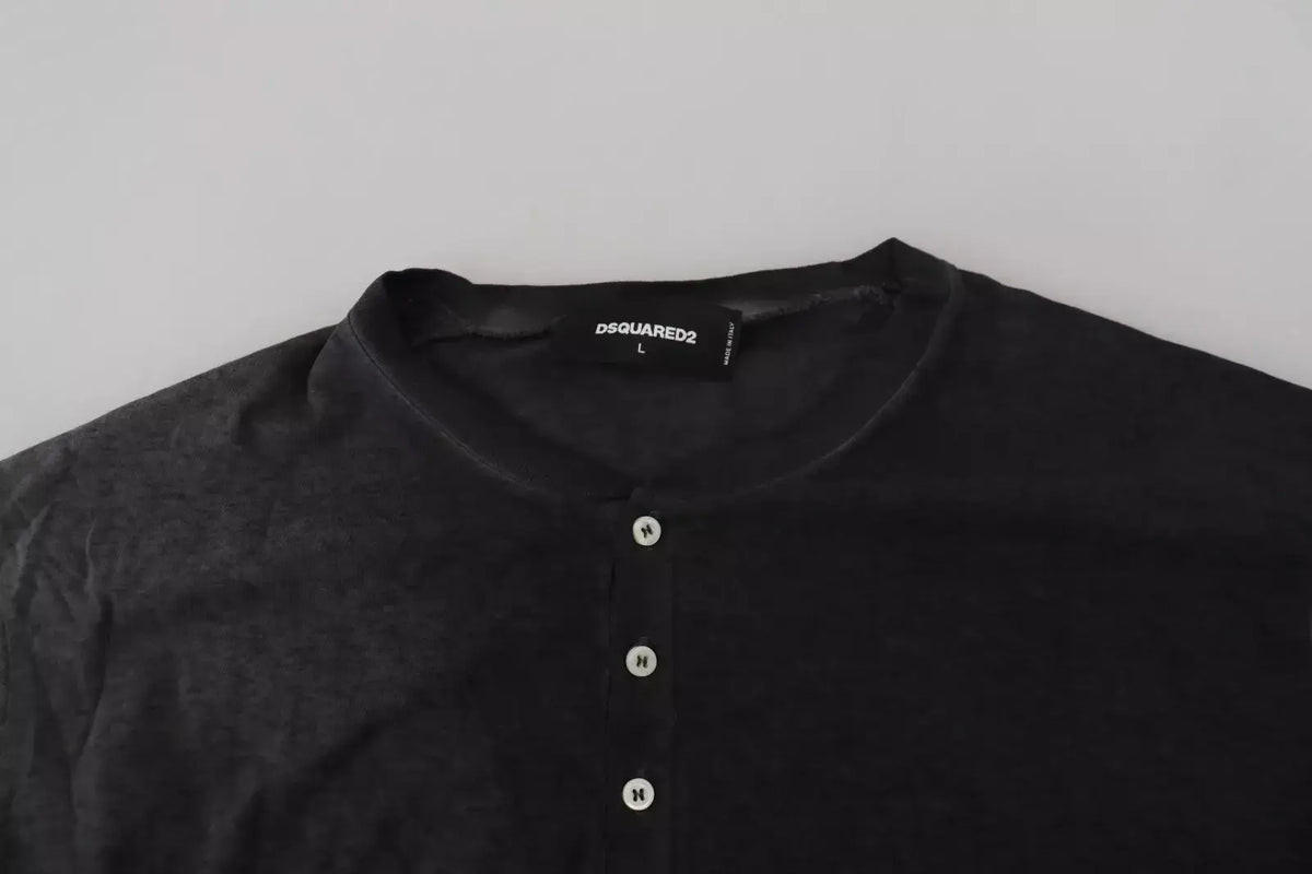 Pull à manches longues noir dsquared² en coton et lin avec col henley et boutons blancs pour homme