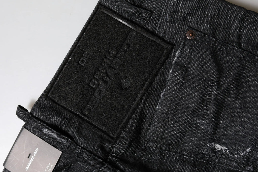 Jeans skinny en denim noir low waist en coton dsquared2 vue dos avec tissu texturé, délavé subtil et bords effilochés