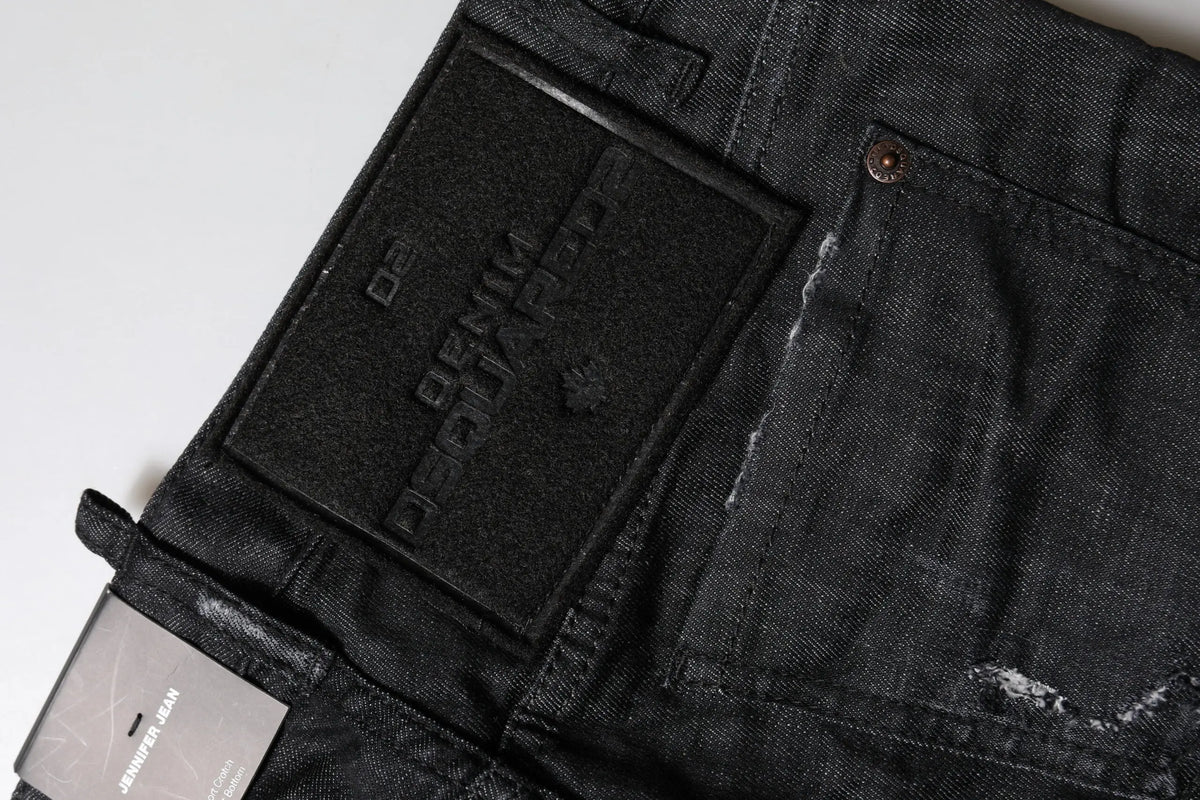 Jeans skinny en denim noir low waist en coton dsquared2 vue dos avec tissu texturé, délavé subtil et bords effilochés
