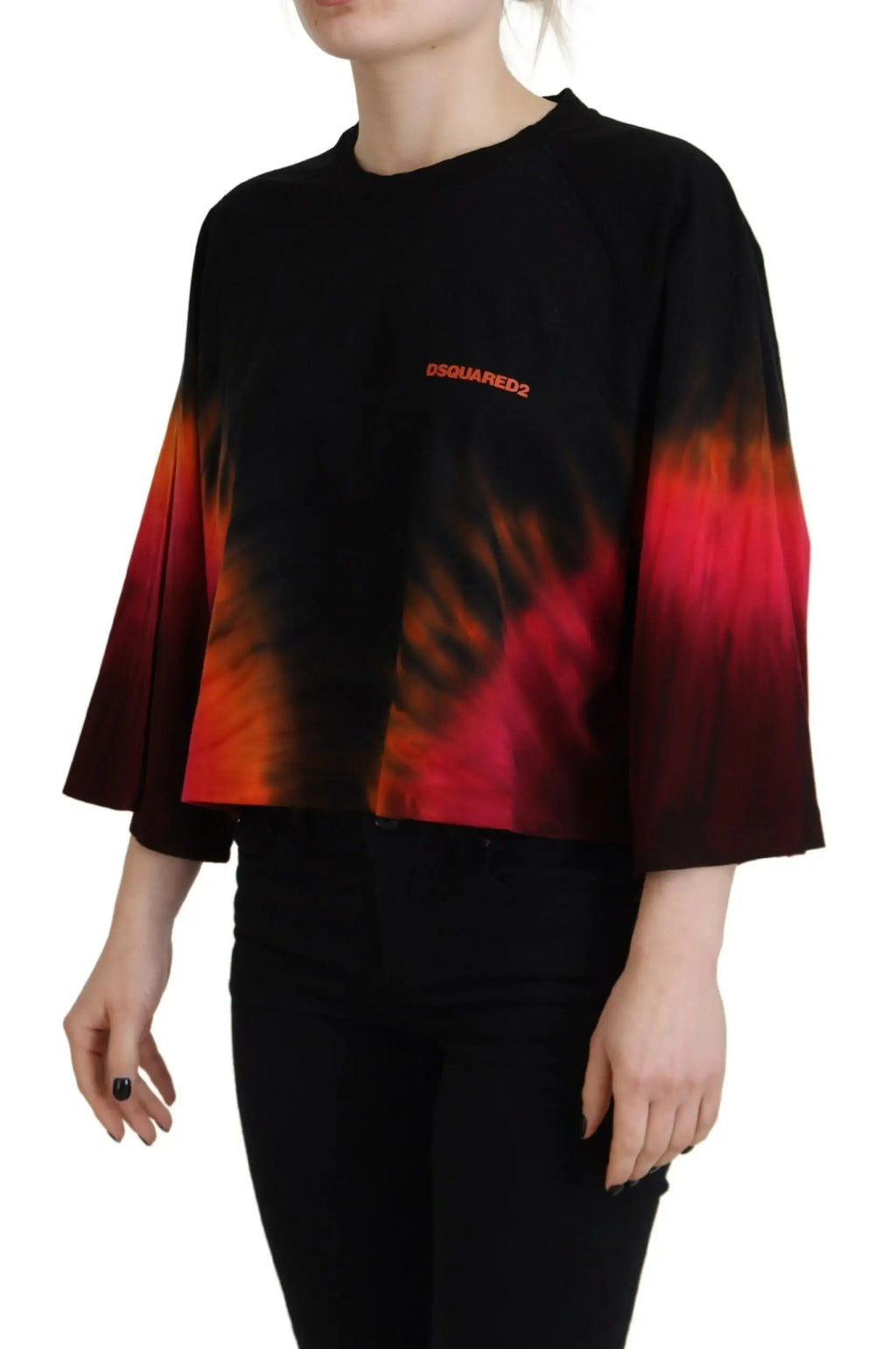 Sweatshirt court noir dsquared² en coton avec manches tie dye rouges et orange pour un style décontracté