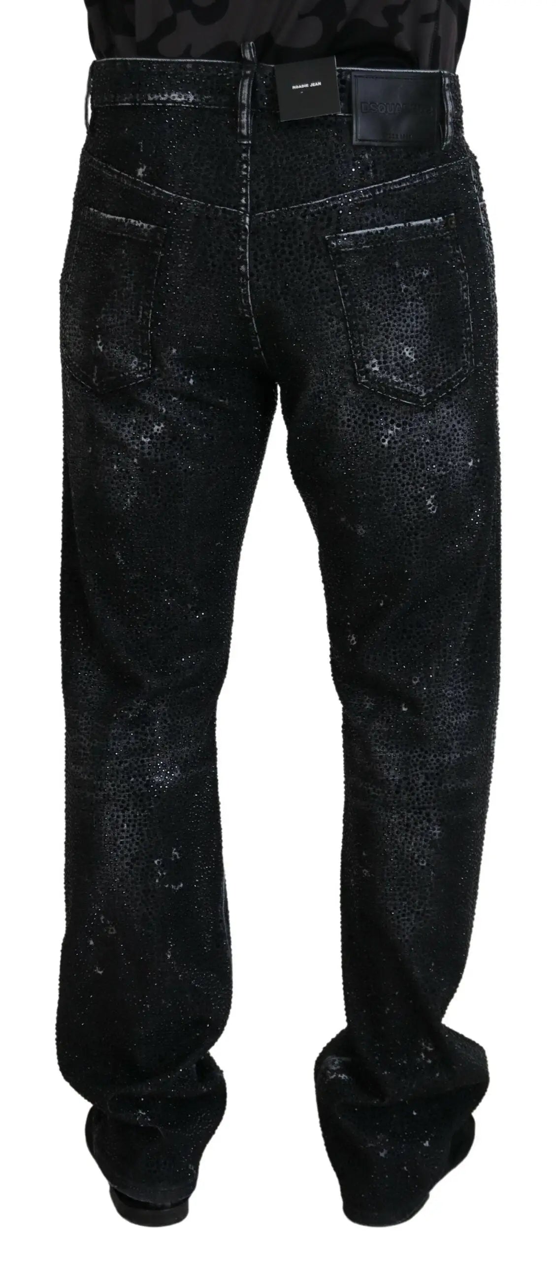 Jean denim noir distressed dsquared² avec texture pailletée subtile et design moderne élégant